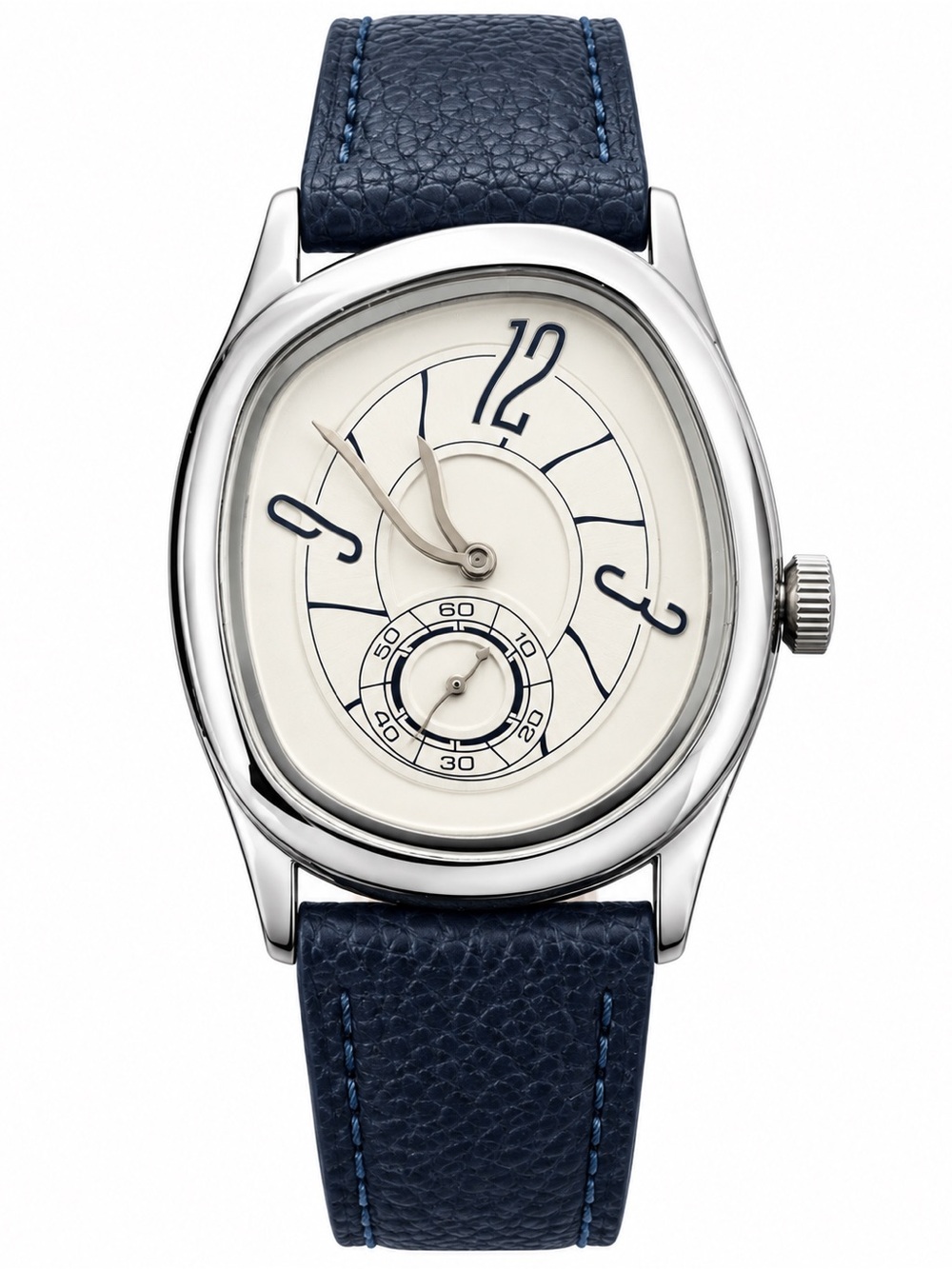 Vintage Style Cushion Watch Cream Dial Navy Blue Leather Strap